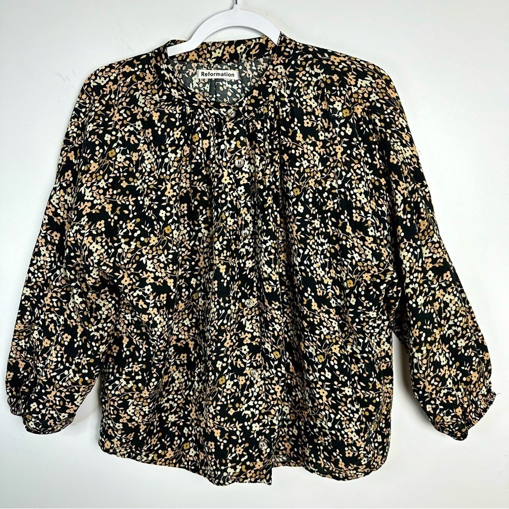 Reformation Womens Black‎ Floral Long Sleeve Button Front Peasant Blouse Small